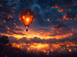a hot air balloon floating in a vibrant, cloudy sky, with a firework of celestial bodies.