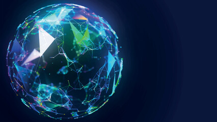 Poster - Abstract 3D sphere of neon dots and stripes. Sphere of dots and lines on dark background. Global network connection. Abstract atom. Physics and science concept. Vector illustration.