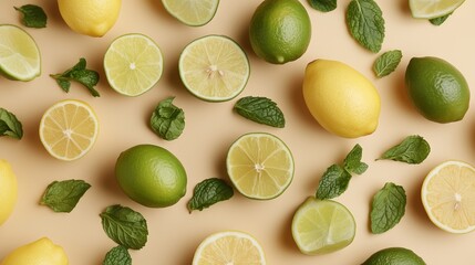 Poster - fresh lemons and limes arranged on a pastel background with mint leaves, creating a vibrant and refr