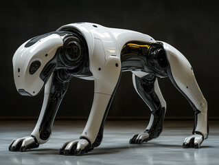 Robotic dog with futuristic design in a dimly lit studio setting. 