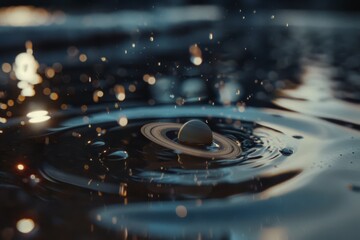 A ripple in water resembles Saturn, blending cosmic wonder with natural beauty in a unique and imaginative scene.