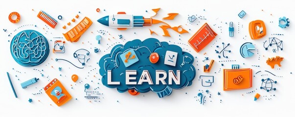 Poster - creative learning concept with rocket and educational symbols