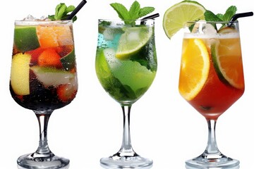 Wall Mural - Three tropical cocktails in stemmed glasses, garnished with lime, mint, orange, and mixed fruits, set against a clean white background, showcasing refreshing, colorful drinks.

