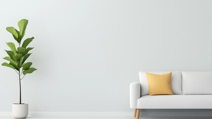 Wall Mural - Minimalist Interior with White Sofa and Green Plant in Modern Living Room and Copy Space