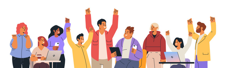 Poster - Diverse team celebrating success together people smiling raising hands office setting laptops