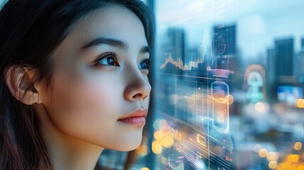 Poster - A thoughtful woman gazes at digital data and cityscape, reflecting on technology's impact.