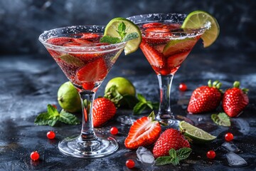 Wall Mural - Two strawberry margaritas with salted rims, garnished with lime and mint, arranged with fresh strawberries on a textured dark background for a vibrant, summer look.

