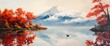 © paper later - A solitary duck swims in a serene lake, reflecting autumn foliage and a snow-capped mountain.