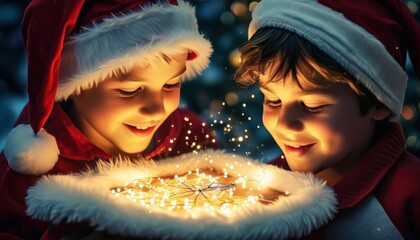 two children in Santa hats holding a box with lights