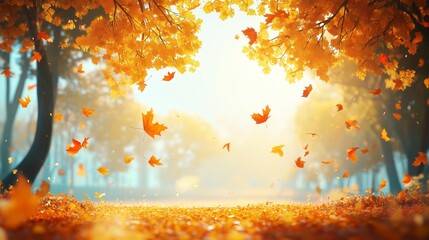 Wall Mural - autumn leaves fall gently on a sunlit path through a vibrant forest in the early evening glow