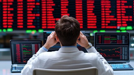 Poster - Professional analyst stressed by declining stock market, surrounded by multiple screens displaying graphs and charts.