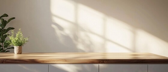 Poster - Minimalist interior scene with natural light casting shadows on a wooden table. Potted plant adds freshness to the serene atmosphere.