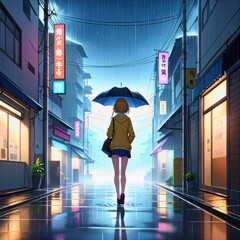 Heavy rain falling on the street 16:9 300 dpi with copyspace aesthetic anime