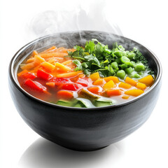 A steaming bowl of vegetable soup with colorful vegetables, isolated on a white background, showcasing warmth and comfort