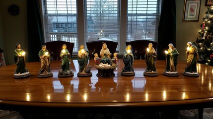 A detailed nativity scene with mary, joseph, baby jesus, shepherds, wise men, and twinkling lights.