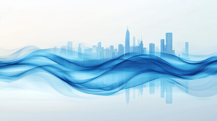 Wall Mural - Blue wave smoke city horizon background