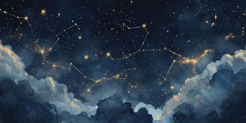 seamless night sky pattern with gold foil constellations and stars, soft watercolor clouds in rich m