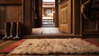 © hwaran - Cozy Cabin Entrance with Fur Rug Wooden Door and Boots