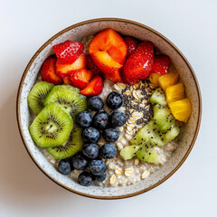 Wall Mural - A bowl of oatmeal with fresh fruit topping, isolated on a white background, showcasing a healthy and filling breakfast