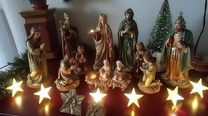 Festive nativity scene showcasing mary, joseph, baby jesus, shepherds, and wise men with lights