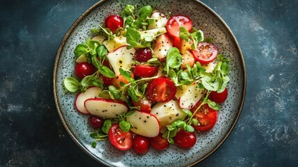 Wall Mural - A colorful and nutritious assortment of fresh fruit and vegetables on a plate, ready to be enjoyed.