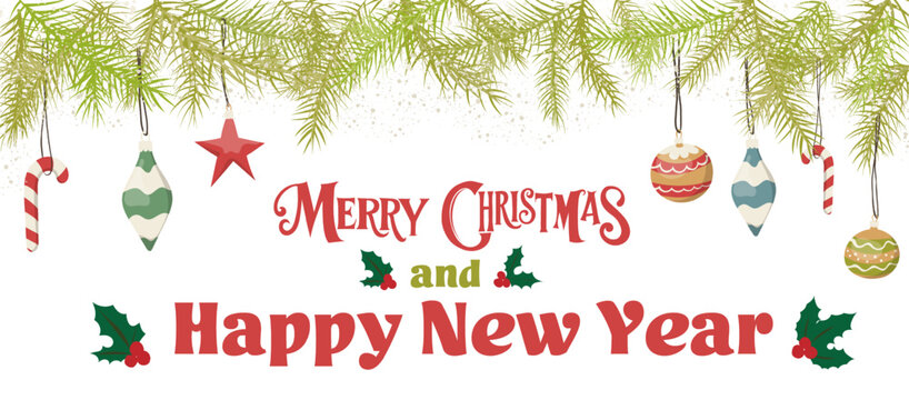 Merry Christmas and Happy New Year banner with Christmas tree branches. Background for website, banner or print. Vector graphics.