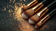 © Vitalii But - stylist mockup showcases arrangement gold encrusted makeup brushes set thick black paper. Glitter accents add elegance creating space text creative ideas.