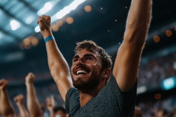 A joyful man with raised arms stands in a crowded stadium, exuding pure happiness and victory, reflecting the thrill of sports and collective human experience.