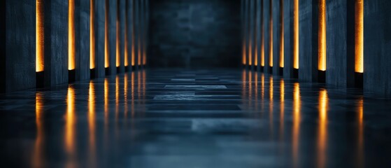 Poster - Interior architectural space with glowing columns and reflective floor surface.