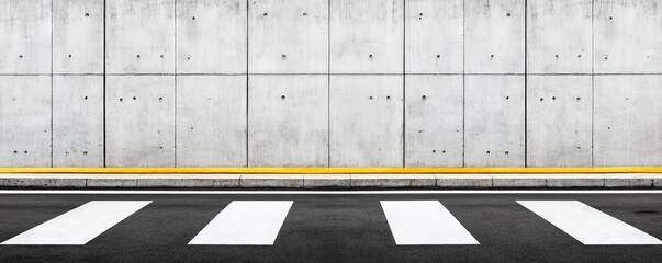 Urban street scene featuring a textured concrete wall and a pedestrian crosswalk, highlighting modern city infrastructure and transportation.