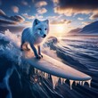 © julia - An Arctic Fox riding the waves on a surfboard under a clear blue