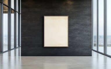 Poster - Modern gallery with a minimalist black wall, centered frame illuminated by soft yet focused lighting, high contrast setting