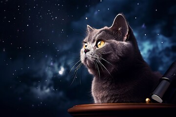 Canvas Print - a british shorthair cat peering through a telescope under a star