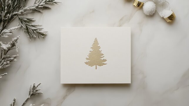 Minimalist Christmas card in neutral colors, with a small gold tree stamped in the center, resting on a marble surface.