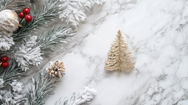 Minimalist Christmas card in neutral colors, with a small gold tree stamped in the center, resting on a marble surface.
