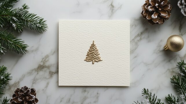 Minimalist Christmas card in neutral colors, with a small gold tree stamped in the center, resting on a marble surface.