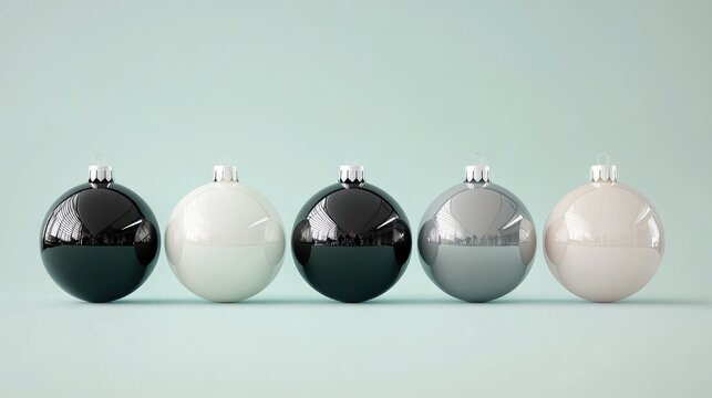 Modern Christmas baubles in monochrome tones, neatly arranged in a row, contrasting against a pastel background.