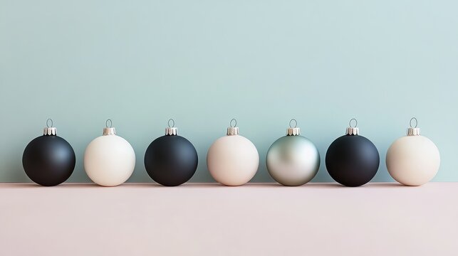 Modern Christmas baubles in monochrome tones, neatly arranged in a row, contrasting against a pastel background.