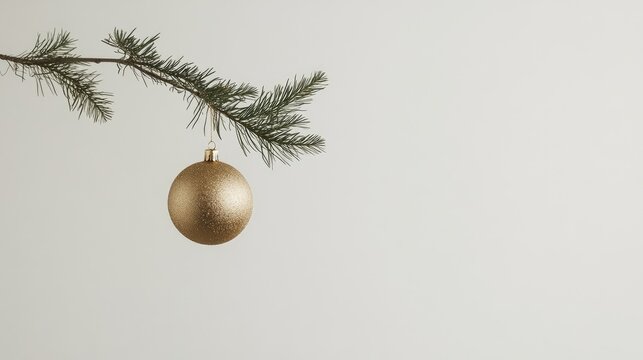 Single gold Christmas ornament hanging from a delicate green pine branch, against a plain white background.