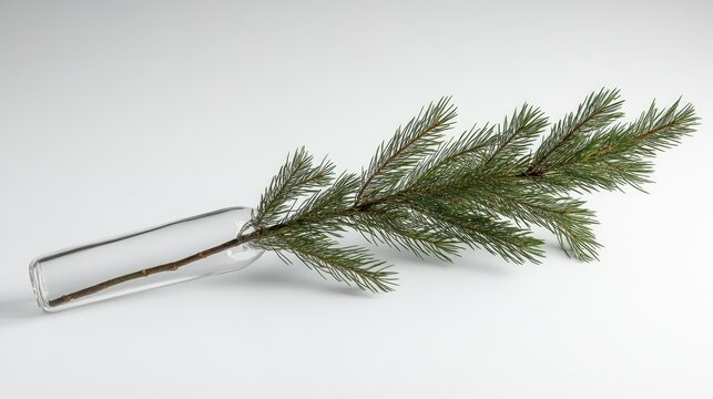 Single pine branch in a glass vase on a clean white surface, embodying minimalist holiday decor with natural elegance.