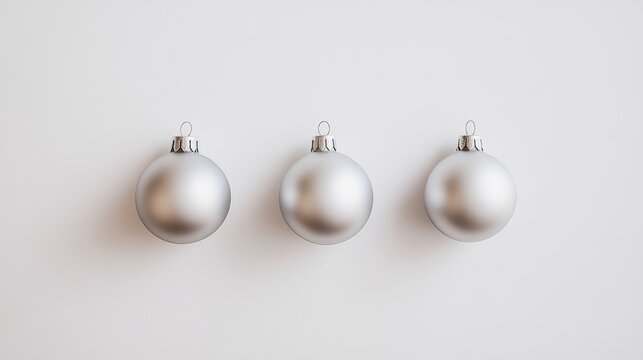 Three simple silver ornaments placed in a clean line on a white surface, capturing the beauty of minimal holiday decor.