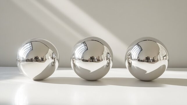 Three simple silver ornaments placed in a clean line on a white surface, capturing the beauty of minimal holiday decor.