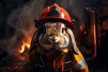 Canvas Print - a holland lop rabbit dressed in firefighter gear bravely managin