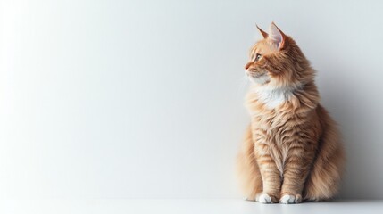 Wall Mural - Calm British Longhair Cat with Fluffy Coat on White Background, Space for Text, Cozy and Inviting Atmosphere