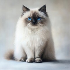 Wall Mural - Elegant Himalayan cat with fluffy coat and striking blue eyes, calm demeanor against a pure white background, showcasing its regal presence