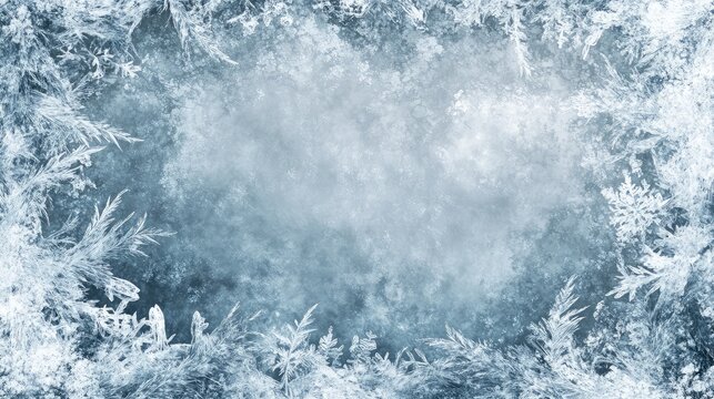 Abstract frosty border with snowflakes and swirling ice patterns, framing a transparent winter-themed background.