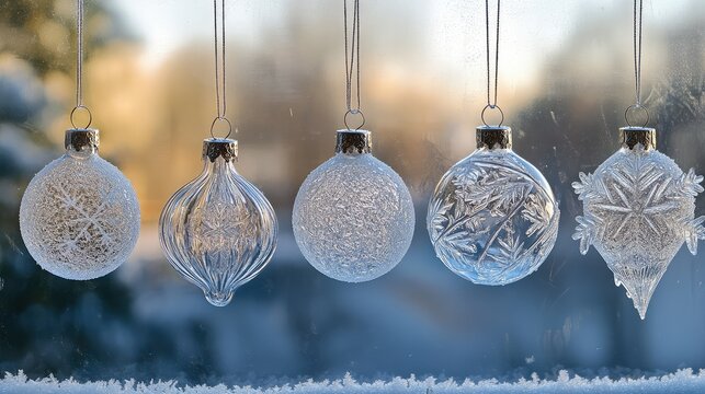 Christmas ornament shapes outlined in frost on a frosted window, with icy details and a soft wintery glow.