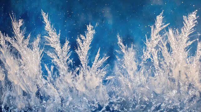 Close-up of frost crystals with shimmering silver accents, evoking a cold Christmas morning against a blue backdrop.
