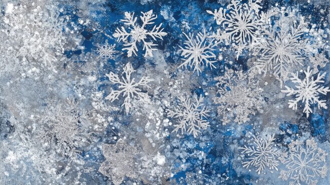 Detailed frost texture with snowflake clusters in blue and silver, forming abstract holiday patterns on glass.