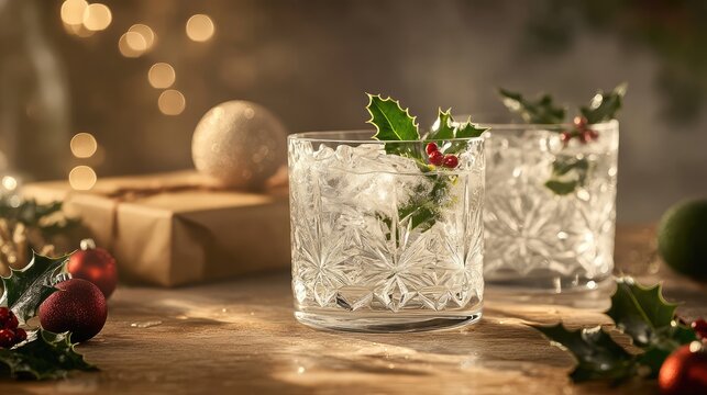 Frozen glass with ice crystal patterns that subtly resemble holly leaves, adding a touch of holiday spirit.